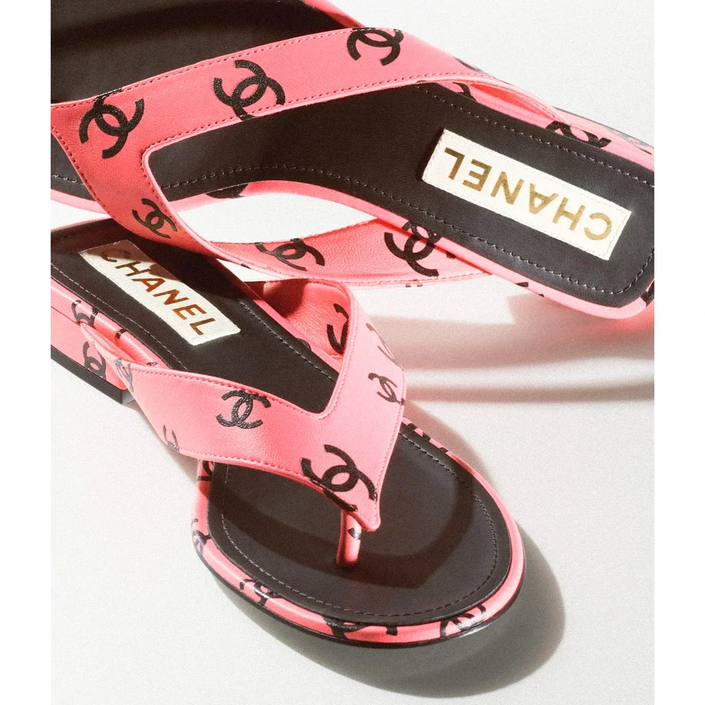 Chanel 22S Pink Black Printed Lambskin CC Logo Thong Flat Flip Flop Sandal 37 - Picture 3 of 12